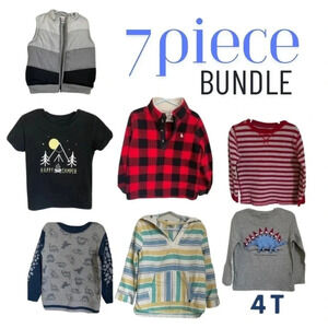 7 Piece Bundle! 3 shirts, 3 jackets and 1 vest!  4T- Plaid- Dinosaur- Stripes